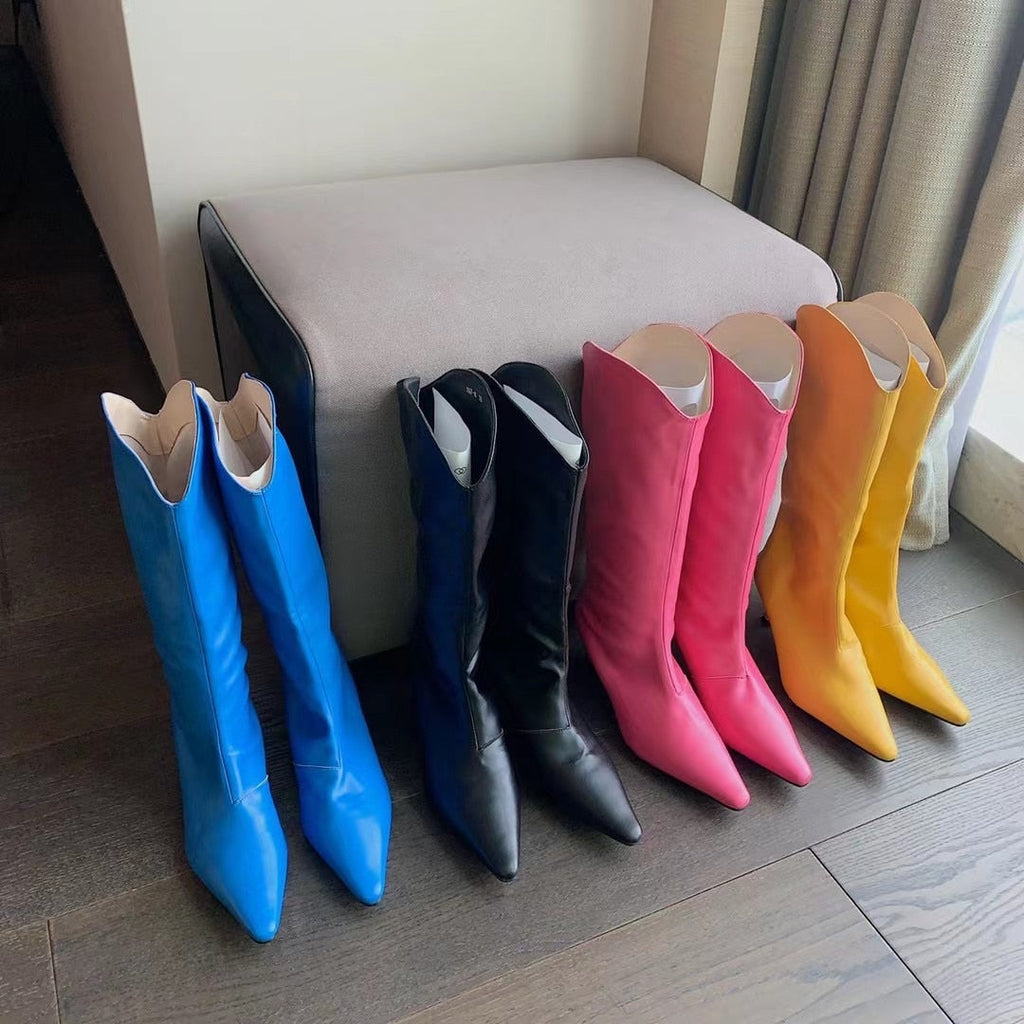 goosudu Pointed Toe Women Chelsea Booties Thin High Heels Shoes Yellow/Blue/Black/Pink Knee High Boots Knight Booties Slip On Booties