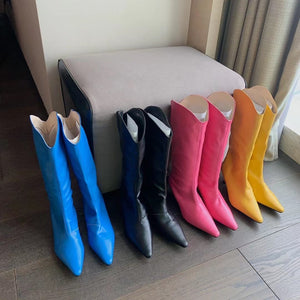 goosudu Pointed Toe Women Chelsea Booties Thin High Heels Shoes Yellow/Blue/Black/Pink Knee High Boots Knight Booties Slip On Booties
