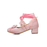 Woman's Med Heel Lolita Shoes Flock PU Leather Cute Bow Mary Jane Pumps Bride Wedding Cosplay Party Red Pink Black Size 34-43