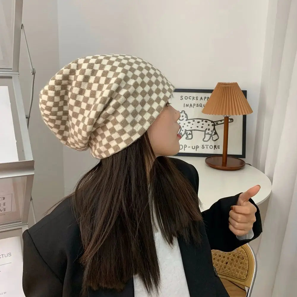 Women Men knitted Hat Hiphop Checkerboard Autumn Winter Korean Fashion Wool Cap Lovers Hat Warm Beanies Lattice Caps For Couple