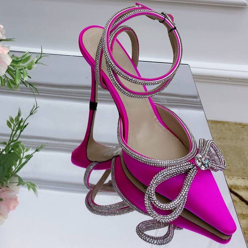 Summer Sexy Satin Slim Thin High Heel Bride Shoes Women Point Wrap Toe Crystal Sandals Ankle Buckle Luxury Wedding Shoes Mujer