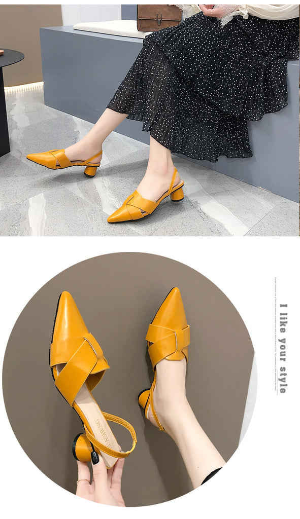 goosudu  Summer Pointed Toe Sandals Women Fashion High Quality Beige Square Heel Shoes Casual Sweet Party Yellow High Heels Plus Size 42