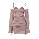 Goosudu Women Solid Long Loose Flare Sleeve With Drawstring Ruched Mini Dress spring  Autumn Streetwear Outfit Fashion Y2K