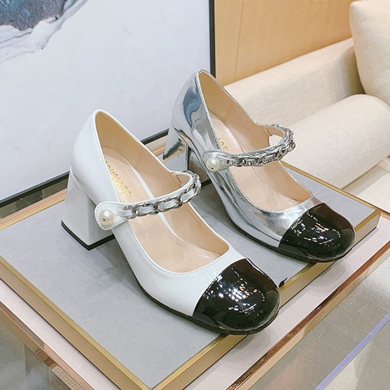 goosudu Luxury Designer Women Thick High Heels Shose Chain Square Toe Pumps Spring Square Toe Shoes Wedding Shoes Mary Jane Sandals