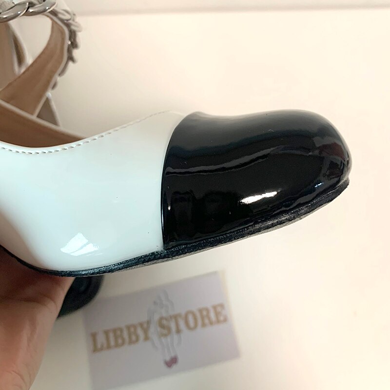 goosudu Luxury Designer Women Thick High Heels Shose Chain Square Toe Pumps Spring Square Toe Shoes Wedding Shoes Mary Jane Sandals