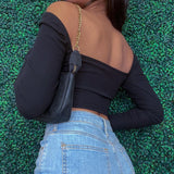 Hollow-Out V-neck Long Sleeve Crop Tops Spring Fall Casual Fashion Women Square Collar Slim Ribbed T-Shirts Backless Tee