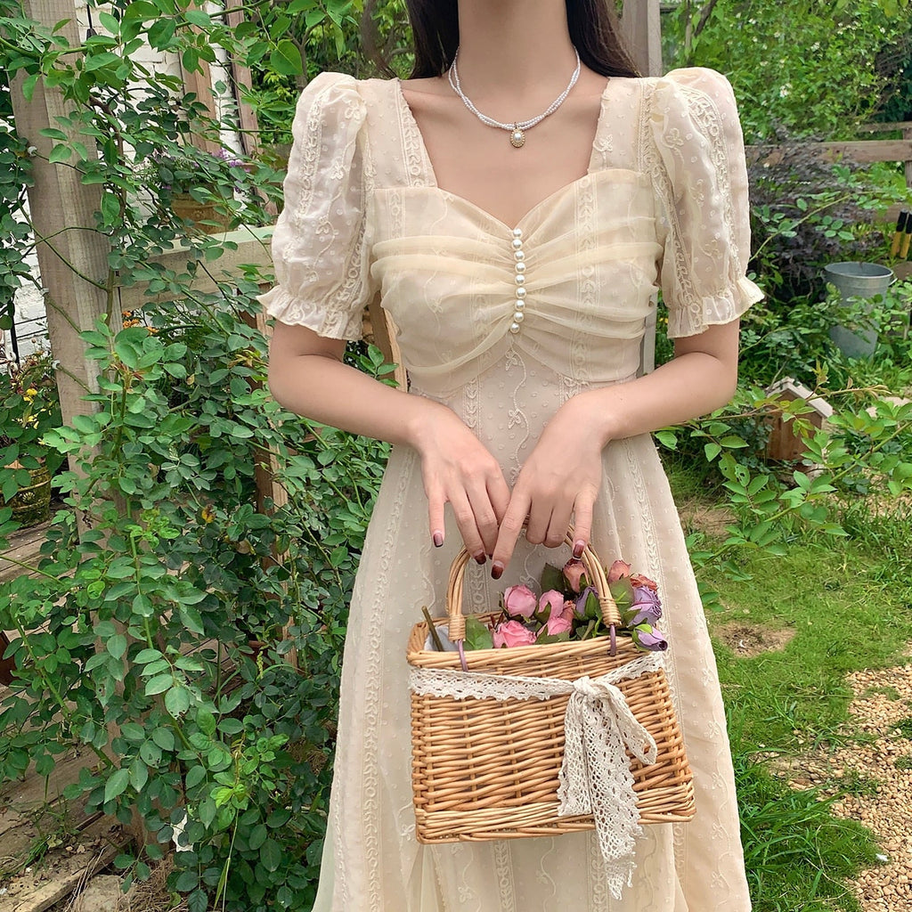 French Vinatge Midi Dresses Women Casual Short Sleeve Elegant Sweet Dress Female Party One Piece Dress Korean Fahion Summer