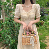 French Vinatge Midi Dresses Women Casual Short Sleeve Elegant Sweet Dress Female Party One Piece Dress Korean Fahion Summer