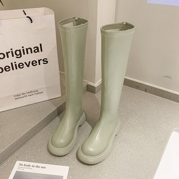 goosudu Boots Flat Platform Boots-women Women's Rubber Shoes Rain Sexy Thigh High Heels High Sexy Luxury Designer Round Toe Booties