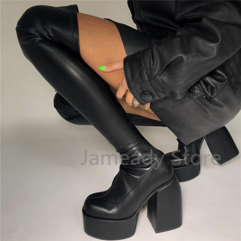 goosudu Punk Style Autumn Winter Boots Elastic Microfiber Shoes Woman Ankle Boots High Heels Black Thick Platform Long Knee High Boots