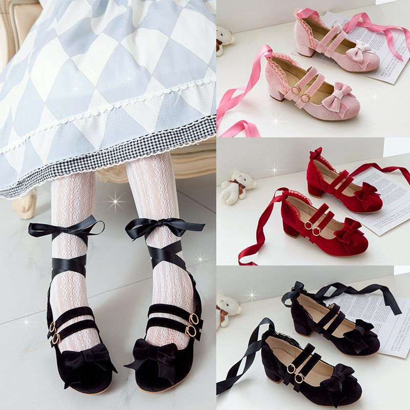 Woman's Med Heel Lolita Shoes Flock PU Leather Cute Bow Mary Jane Pumps Bride Wedding Cosplay Party Red Pink Black Size 34-43