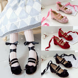Woman's Med Heel Lolita Shoes Flock PU Leather Cute Bow Mary Jane Pumps Bride Wedding Cosplay Party Red Pink Black Size 34-43