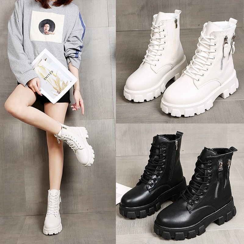 Pofulove Black Boots Winter Shoes Women Ankel Boots Goth Shoes Platform Boots Snow Booties Woman Warm Botas Fall Flat Zapatos