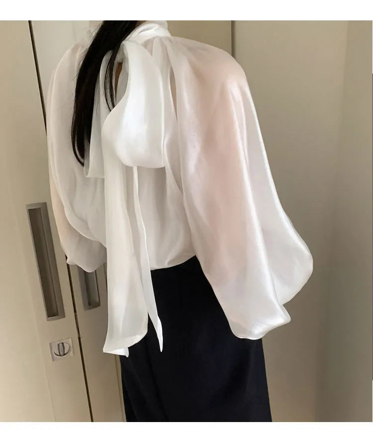 Designer Fashion Long Lantern Sleeve Women Blouses Bowknot Silky Summer Spring France Chic Shirts Blusas
