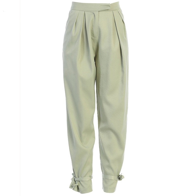 Goosudu  Satin Lace Up High Waist Harem Pants Zipper Women Autumn Pleated Loose Pockets Long Trousers Casual Office Ladies Pant