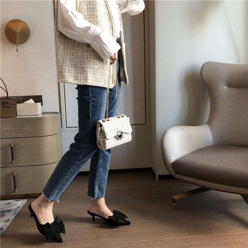 Goosudu New Spring Slippers Women's Korean-Style Pointed Polka Dot Bow Stiletto Mid-Heel Low Heel Slippers Polka Dot Half Slippers