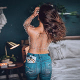 goosudu  See Through Diamond Beads Mesh Women Tops Black Long Sleeve Round Neck Short Tops Women Spring Skinny Fashion Streetwear