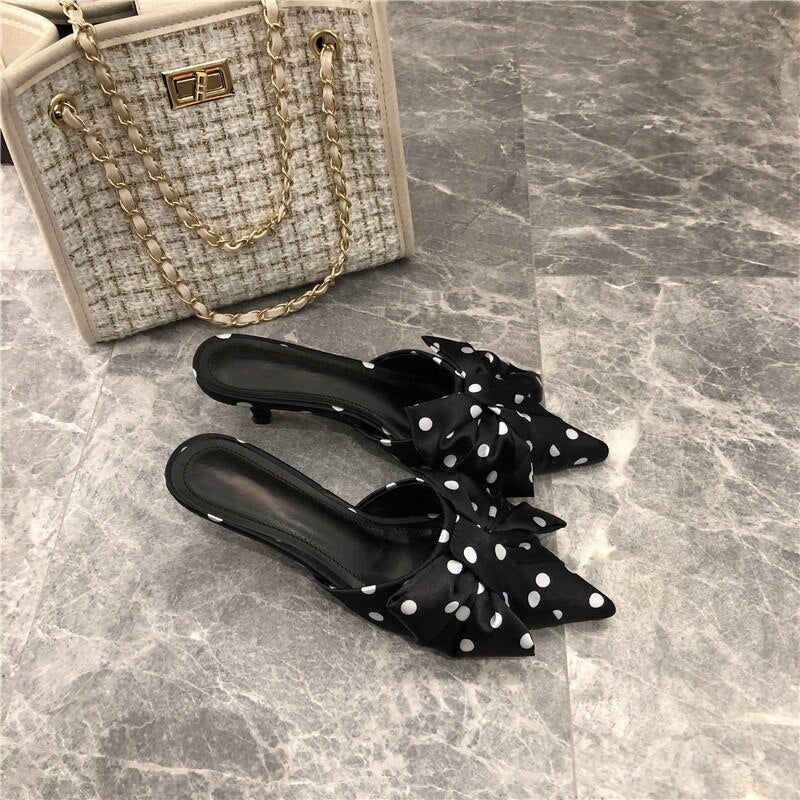 Goosudu New Spring Slippers Women's Korean-Style Pointed Polka Dot Bow Stiletto Mid-Heel Low Heel Slippers Polka Dot Half Slippers