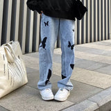 American street clothing retro trend pocket jeans female letter star print high waist casual oversized straight pants women