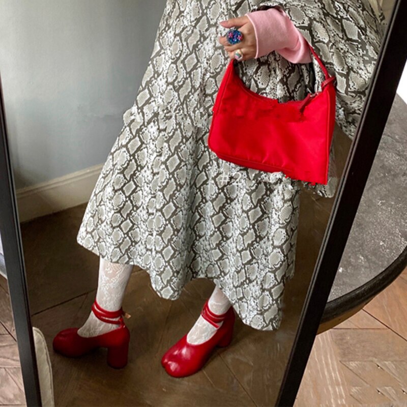 goosudu Vintage Spring Fashion Slipt Toe Women Pumps Chunky Round Strap Buckle High Heels Red Leather Brand Design Shoes Women