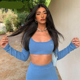 goosudu   Long Sleeves Solid Navel Low Neck Bodycon Top Sexy Mini Dress Set Summer Women Fashion Streetwear Outfits Y2K
