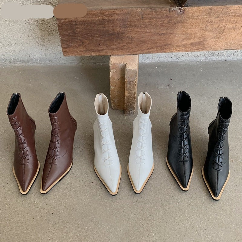 goosudu Winter Designer Women Lace Up Ankle Boots Thin High Heel Pointed Toe Short Boot Shoes Ladies Dress Pumps Chelsea