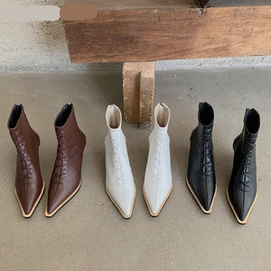 goosudu Winter Designer Women Lace Up Ankle Boots Thin High Heel Pointed Toe Short Boot Shoes Ladies Dress Pumps Chelsea