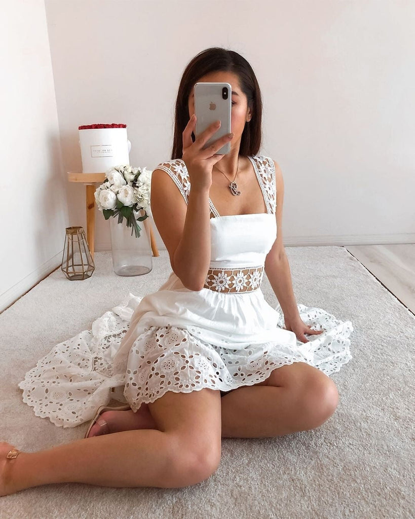 goosudu  Elegant Women's Dress Stitching Hollow Suspender Dresses Summer Women's Clothing  Solid Color Sleeveless Sexy Lace Dress