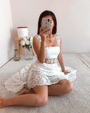 goosudu  Elegant Women's Dress Stitching Hollow Suspender Dresses Summer Women's Clothing  Solid Color Sleeveless Sexy Lace Dress