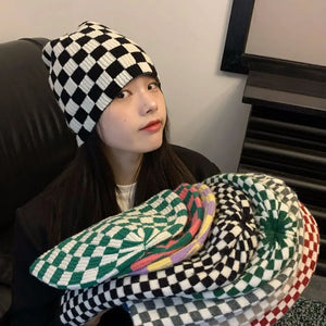 Women Men knitted Hat Hiphop Checkerboard Autumn Winter Korean Fashion Wool Cap Lovers Hat Warm Beanies Lattice Caps For Couple