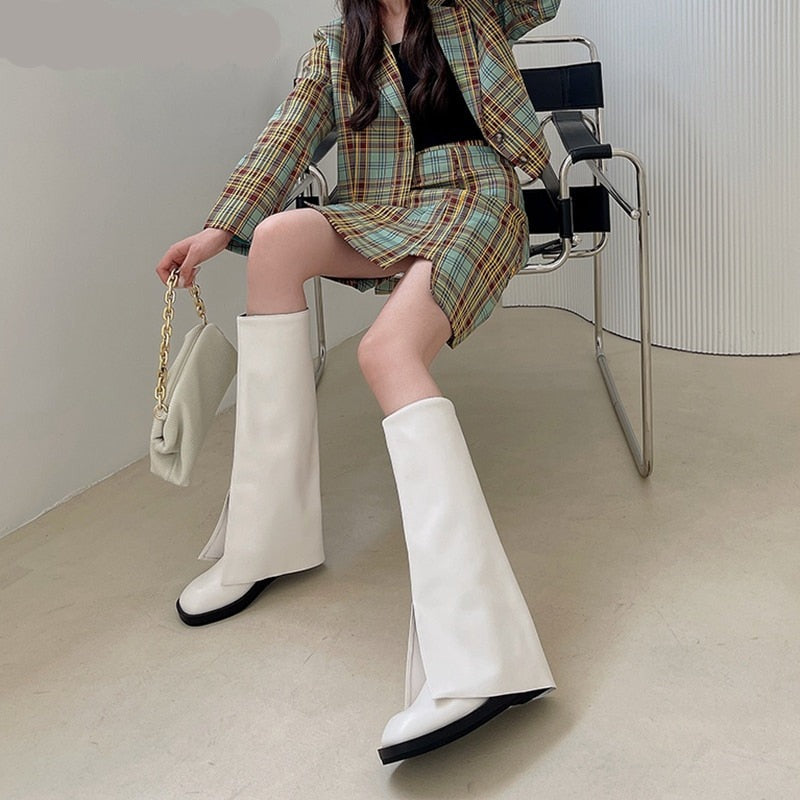 goosudu New Brand Women Boots Knee-high Flat Heel Long Boots Shoes Ladies Winter Slip On Square Toe Casual Martin Boots