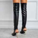 goosudu White Leather Thigh High Over The Knee Boots Sexy Open Toe Stripper Heels Booties Fashion Zip Motorcycle Shoes Women Pumps