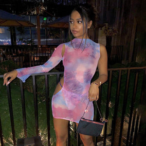 goosudu Long Sleeve One-Shouler Tie Dye Hollow Out Mesh See Through Mini Dress Spring Summer Women Fashion Sexy Partywear