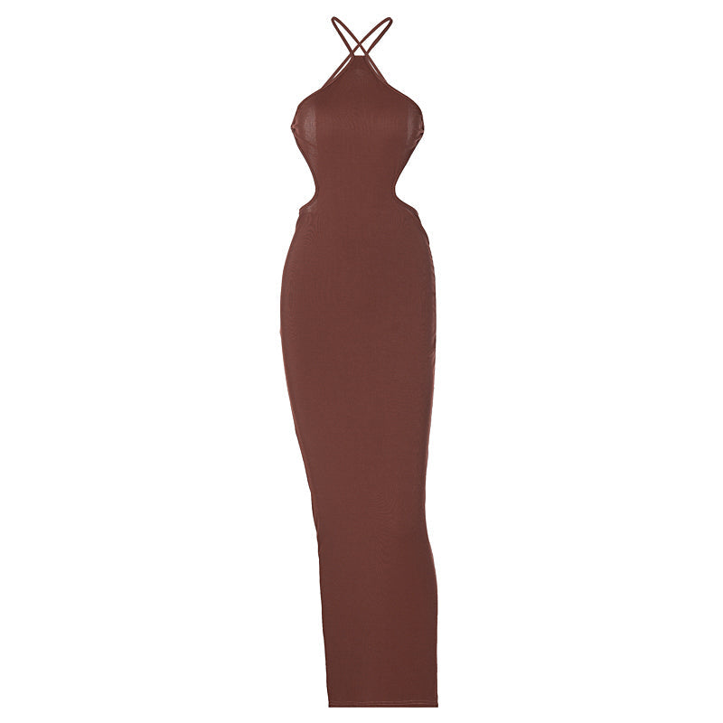 goosudu Ribbed Halter Hollow Out Backless Skinny Maxi Dress  Bodycon Sexy Streetwear Evening Party Club Elegant Clothing