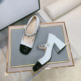 goosudu Luxury Designer Women Thick High Heels Shose Chain Square Toe Pumps Spring Square Toe Shoes Wedding Shoes Mary Jane Sandals