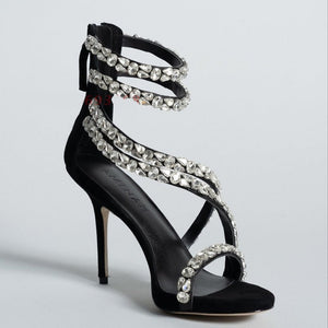 goosudu  Crystal Straps Women Sandals Back Zipper High Thin Heels Ankle Wrap Sandals Narrow Band Sweet Fashion Casual Party Female Pumps