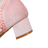 Woman's Med Heel Lolita Shoes Flock PU Leather Cute Bow Mary Jane Pumps Bride Wedding Cosplay Party Red Pink Black Size 34-43