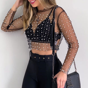 goosudu  See Through Diamond Beads Mesh Women Tops Black Long Sleeve Round Neck Short Tops Women Spring Skinny Fashion Streetwear