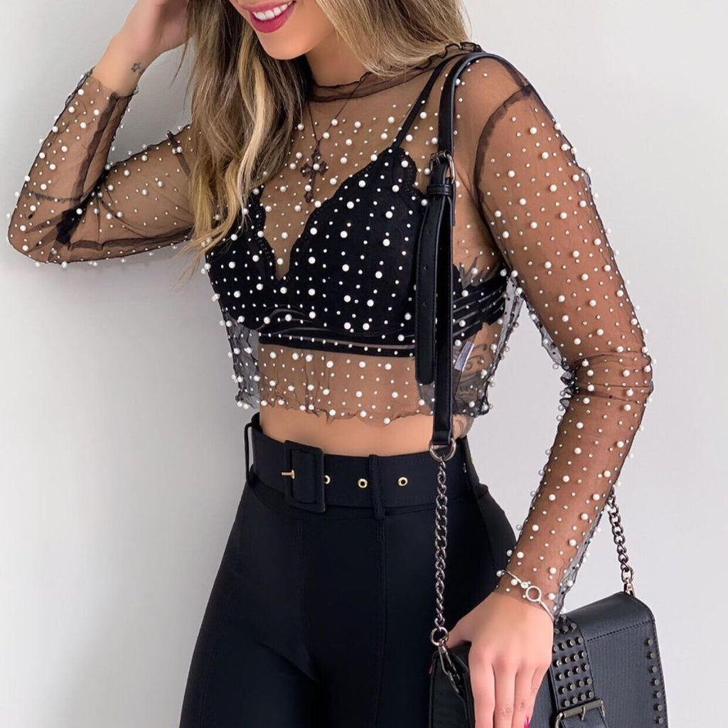 goosudu  See Through Diamond Beads Mesh Women Tops Black Long Sleeve Round Neck Short Tops Women Spring Skinny Fashion Streetwear