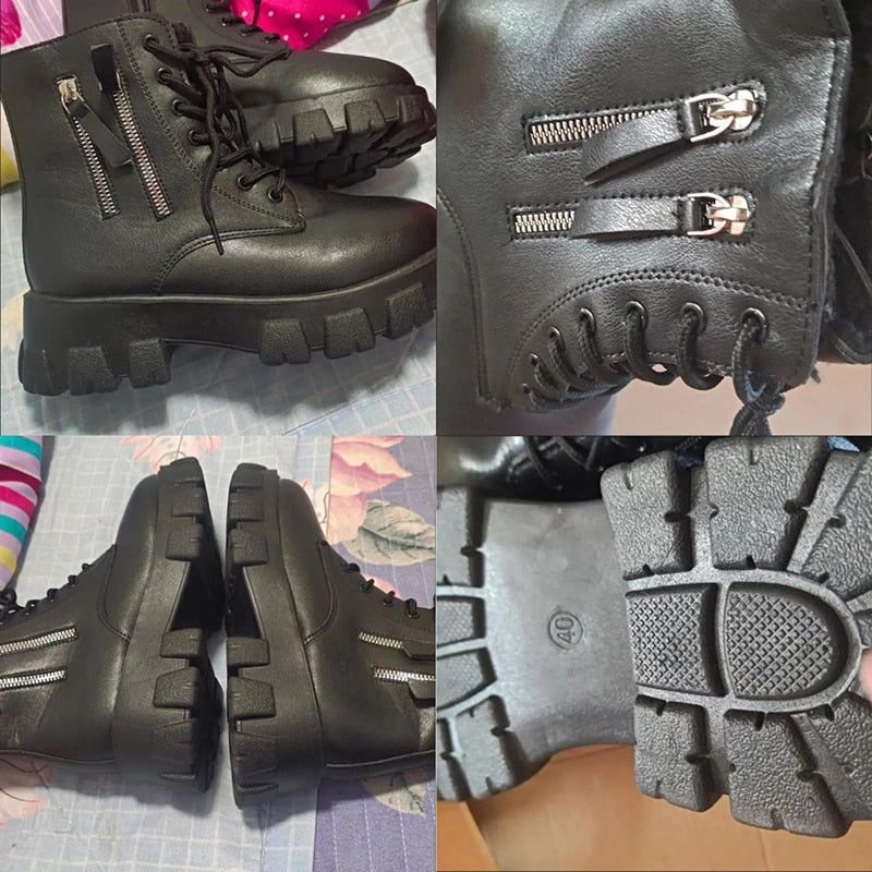 Pofulove Black Boots Winter Shoes Women Ankel Boots Goth Shoes Platform Boots Snow Booties Woman Warm Botas Fall Flat Zapatos