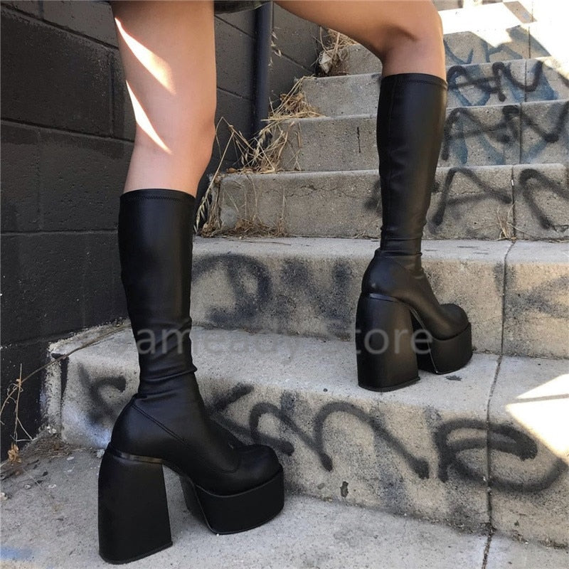 goosudu Punk Style Autumn Winter Boots Elastic Microfiber Shoes Woman Ankle Boots High Heels Black Thick Platform Long Knee High Boots