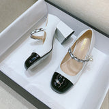 goosudu Luxury Designer Women Thick High Heels Shose Chain Square Toe Pumps Spring Square Toe Shoes Wedding Shoes Mary Jane Sandals