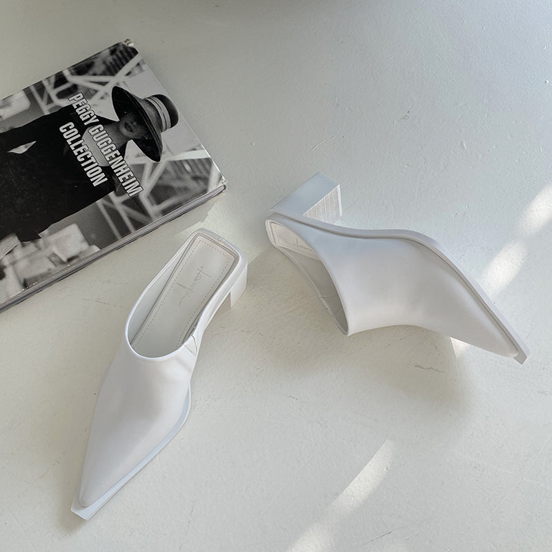 goosudu Fashion Women Sandals Slippers Roman Style Slides Party Pumps Thick Square Heeled Black/White Mules Shoes Pointed Toe Slides 9.5