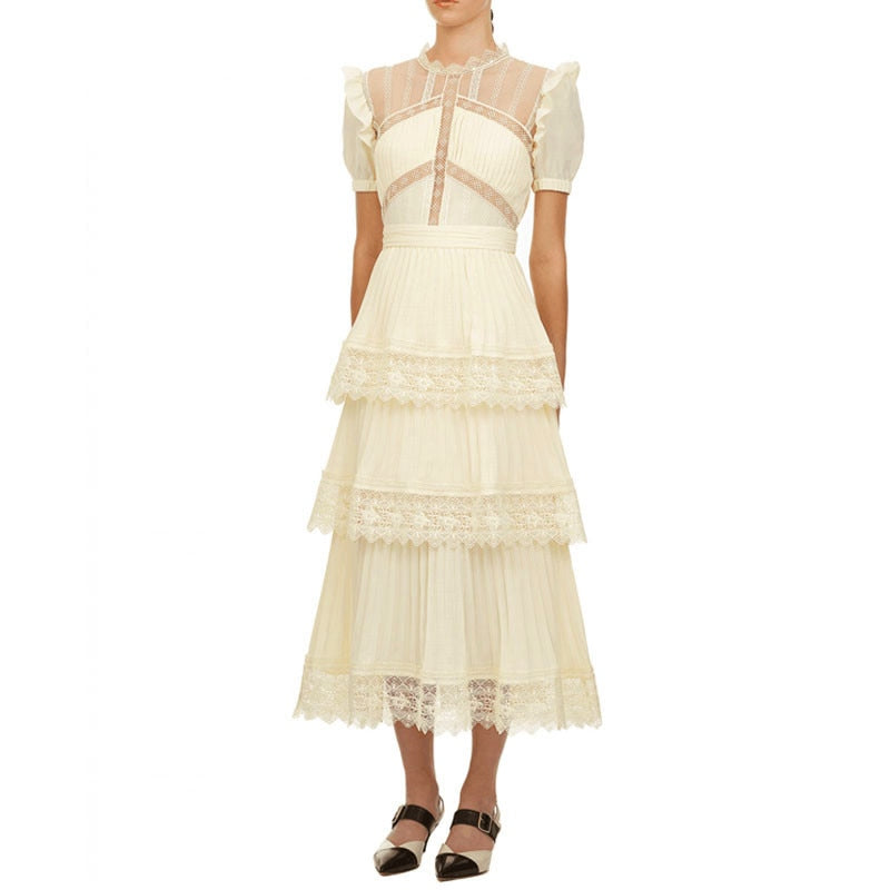 goosudu Summer Self Portrait Beige Pleated Dress Women Short Sleeve Lace Patchwork Cascading Ruffles Long Dress Female Layer Cake Dress