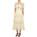 goosudu Summer Self Portrait Beige Pleated Dress Women Short Sleeve Lace Patchwork Cascading Ruffles Long Dress Female Layer Cake Dress