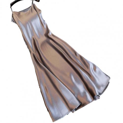 Sexy Women Sling Dress V Neck Backless Spaghetti Straps Large Hem Solid Color Ladies Satin Banquet Maxi Dresses