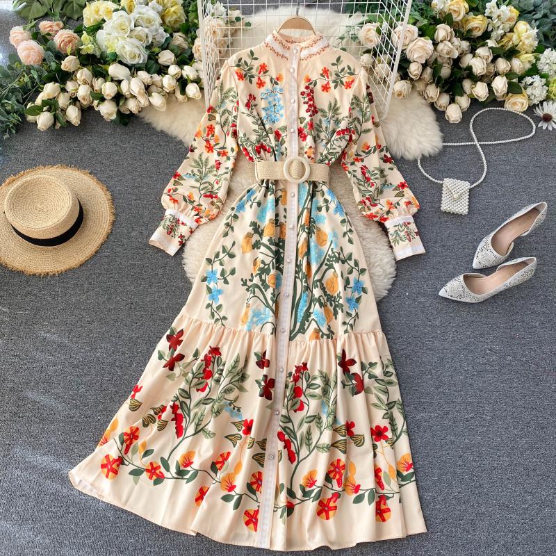 Women Vintage Print Dress Autumn Stand Collar Button Puff Sleeve Long Robe Fashion Chic Flower Streetwear Maxi Dresses
