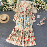 Women Vintage Print Dress Autumn Stand Collar Button Puff Sleeve Long Robe Fashion Chic Flower Streetwear Maxi Dresses