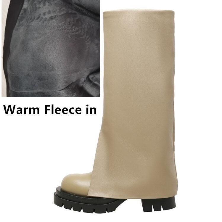 goosudu Chic Trending Slit Trousers Pattern Kneehigh Boots for Women's Brand Natural Cow Leather Chunky Goth Boots Platform Shoes Ladies