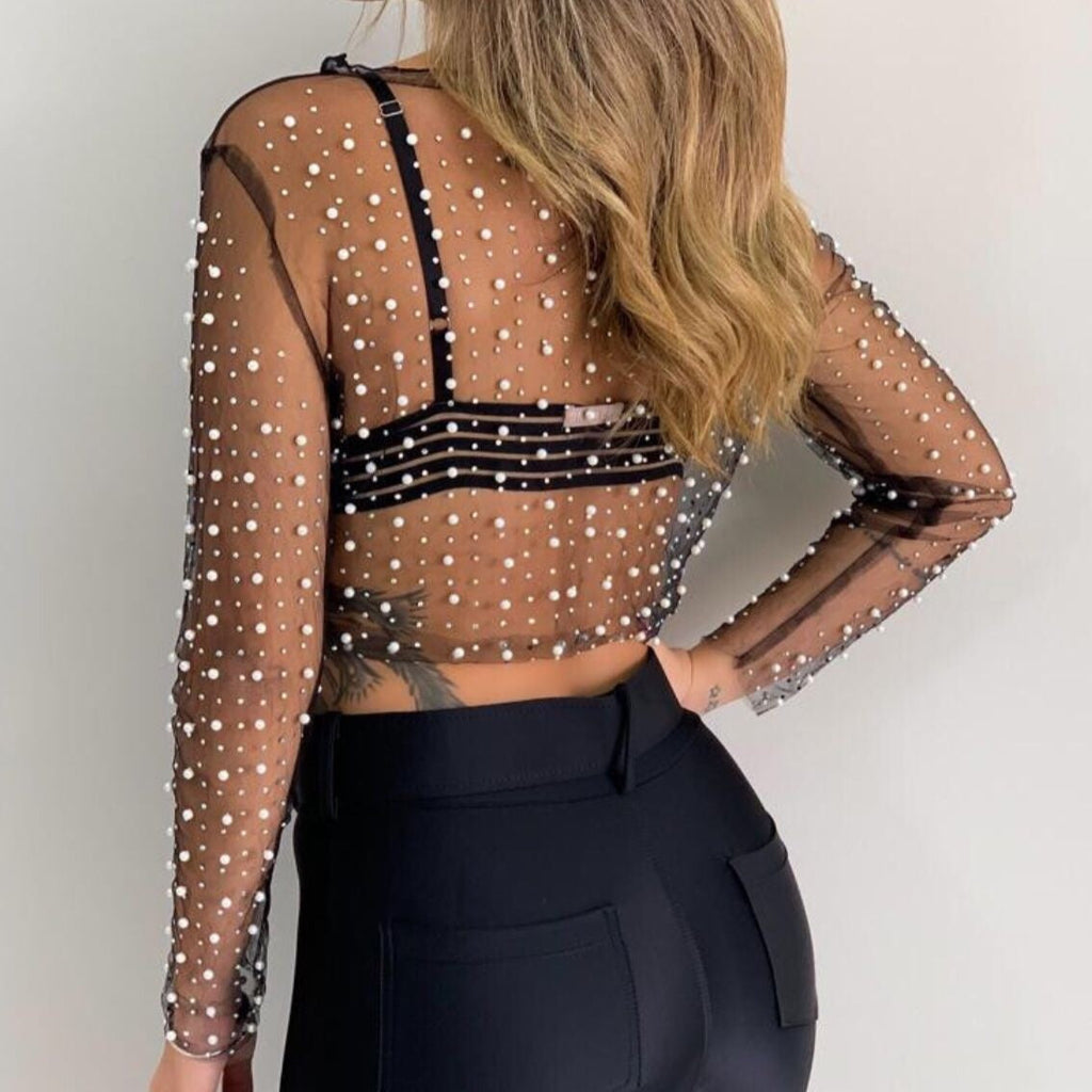 goosudu  See Through Diamond Beads Mesh Women Tops Black Long Sleeve Round Neck Short Tops Women Spring Skinny Fashion Streetwear